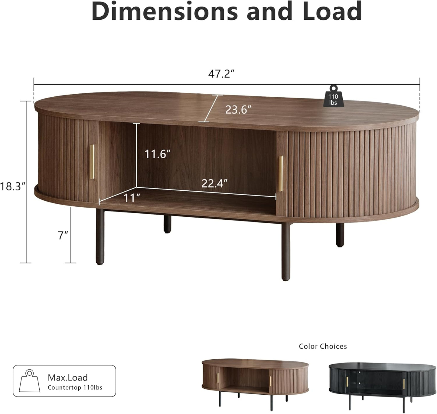 Mid Century Modern Coffee Table, 47.2" Oval Fluted Coffee Table with Storage and Sliding Doors, Minimalist Tea Table with Wood Grain Veneer, Retro Center Tables for Living Room, Walnut