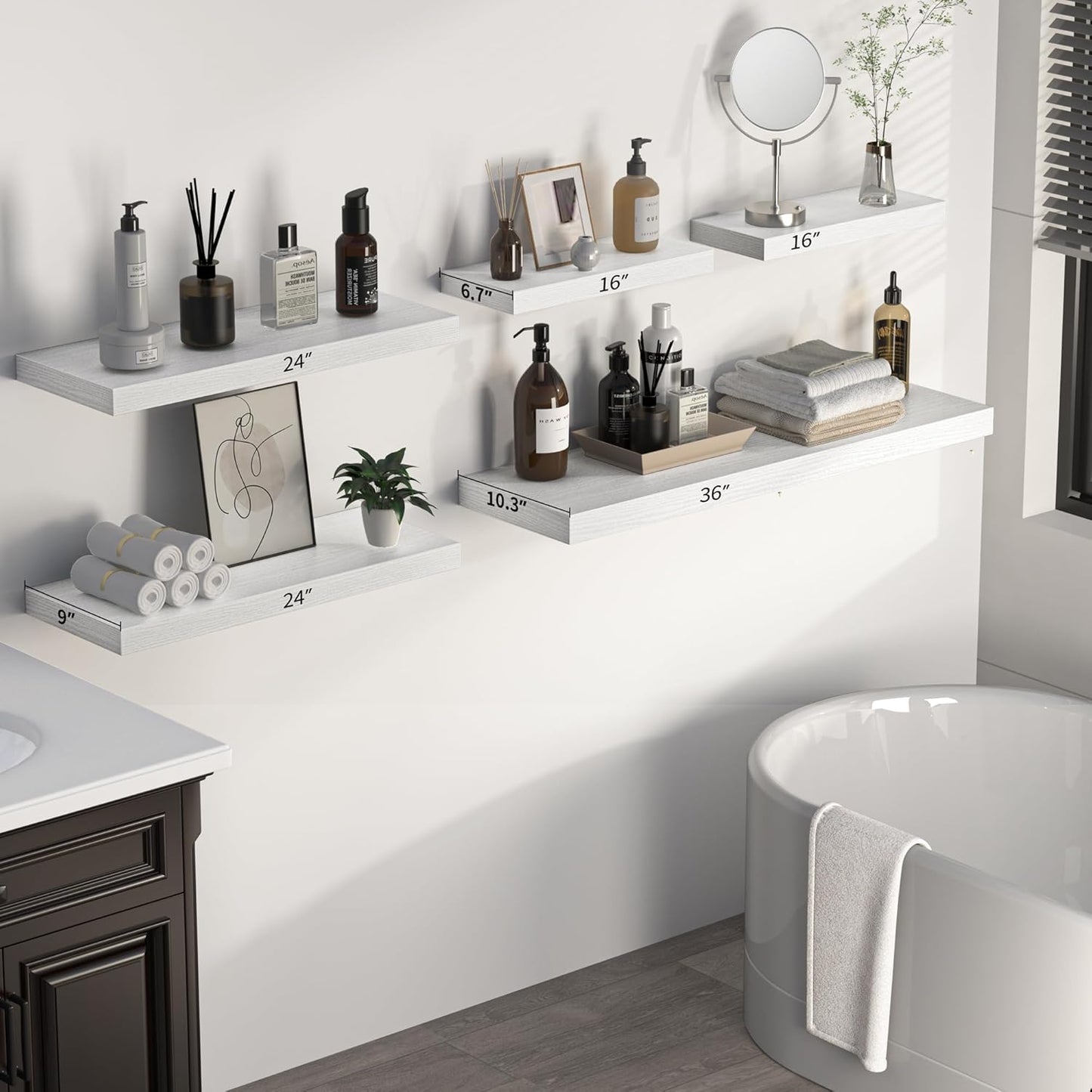 Fun Memories Floating Shelves - 16 Inch Rustic White Wall Shelf - Wall Mounted Shelves for Wall Decor Storage - Wooden Shelves with Invisible Brackets for Living Room, Bedroom, Kitchen, 2 Pack