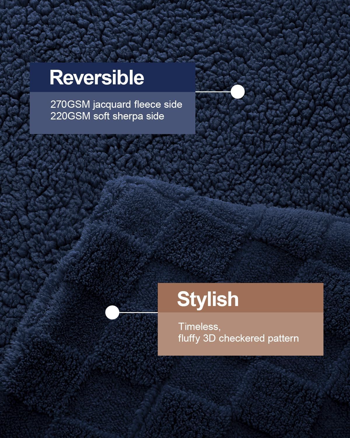 Pawque Super Soft Cozy Throw Blanket Queen Size for Couch Bed, Fluffy Sherpa Fleece Reversible Thick Warm Fuzzy Blanket for All-Season, 3D Checkered Jacquard Decorative Blankets, Navy Blue, 90"x90"