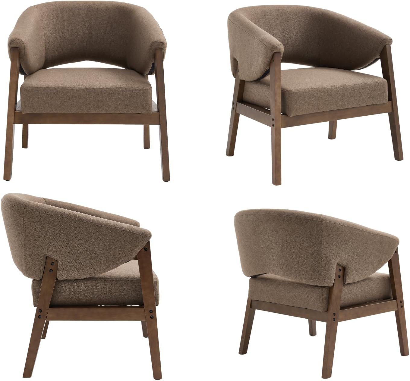 Mid-Century Modern Accent Chairs Set of 2, Comfy Barrel Armchairs with Wide Seat, Upholstered Lounge Chairs with Walnut Wood Legs for Living Room/Bedroom/Reading Corner, Linen Fabric, Brown