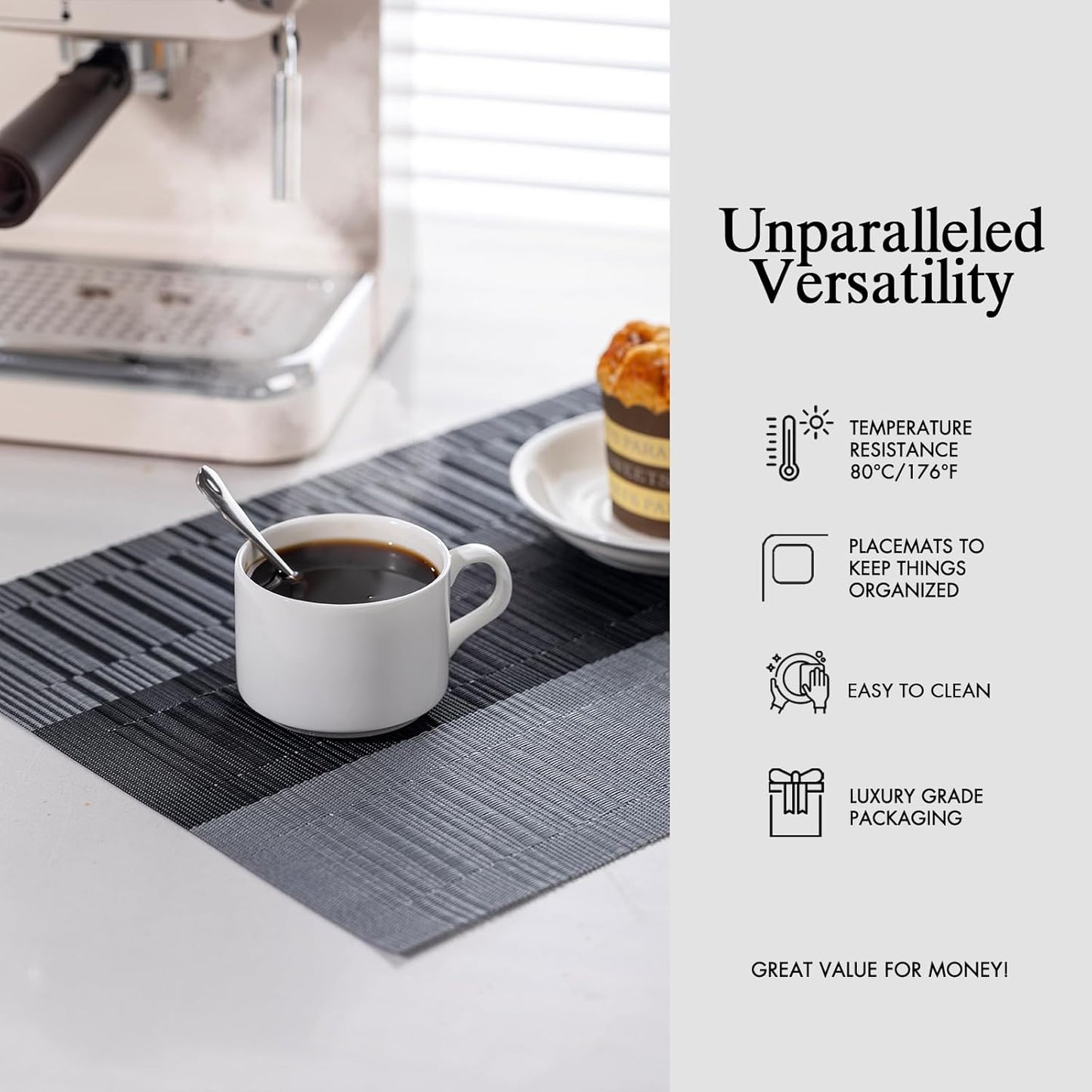 Placemats Set of 4 - Easy Clean Woven Vinyl Placemats for Dining Table, Indoor/Outdoor Place Mats, Washable PVC Table Mats （Silver Gray Black）