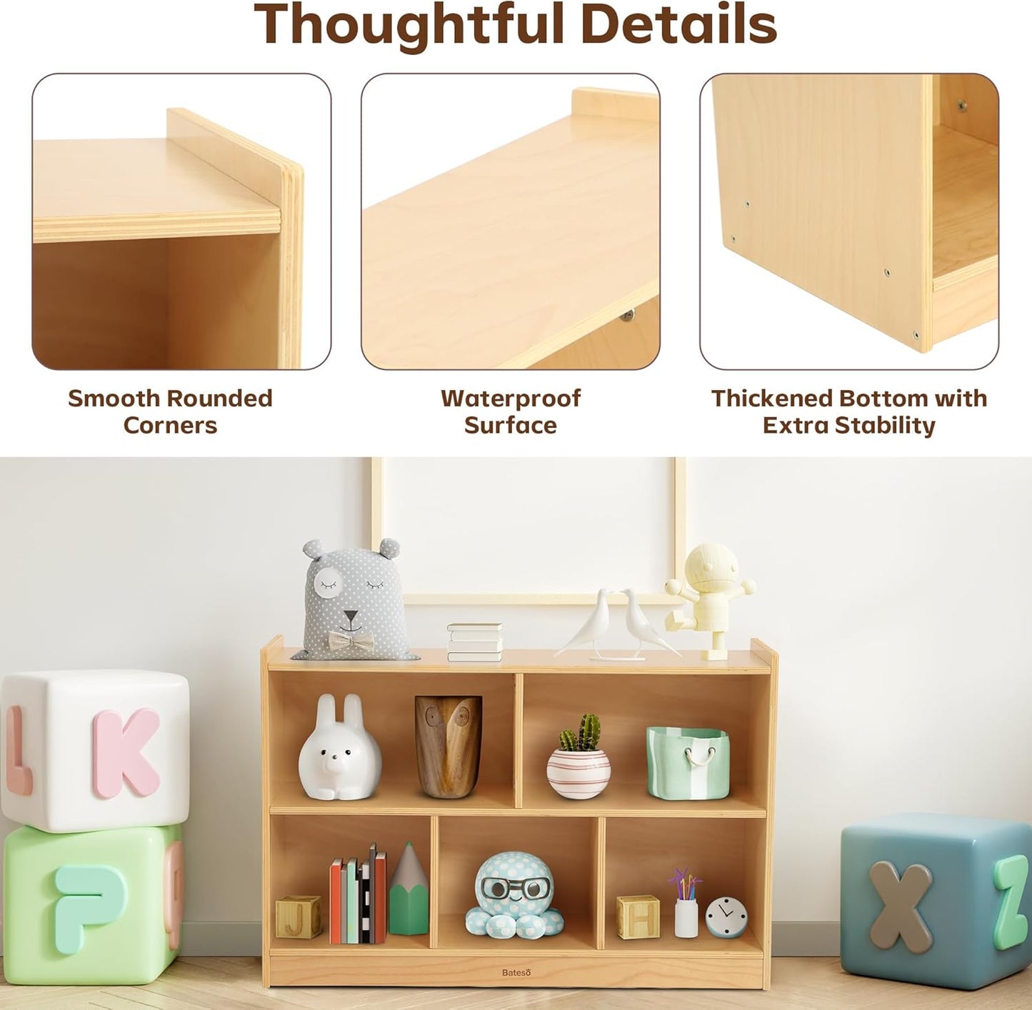 Toy Storage Organizer for Kids Room, Wooden Kids Bookshelf for Classroom, Cube Storage Organizer for Playroom, 5-Section Montessori Bookshelf & Toy Shelf for Nursery