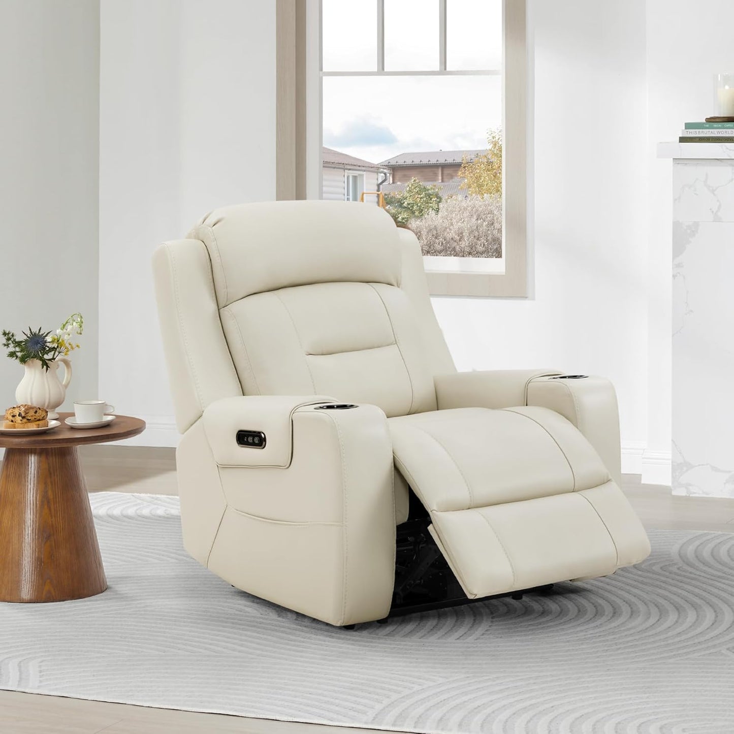Watson & Whitely Genuine Leather Power Recliner Chairs for Adults, Lay Flat Recliner with Power Headrest, USB Ports and Cup Holders, Electric Reclining Sofa for Living Room, Bedroom, Cream