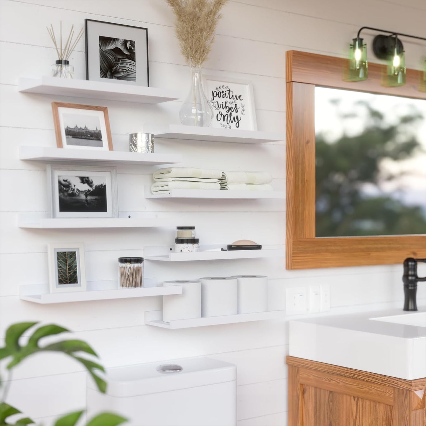 RICHER HOUSE 8 Set Floating Wall Mounted Shelves, Nursery Hanging Book Shelves with Lip for Storage, White Display Picture Ledge Shelf for Bedroom Bathroom Kitchen Living Room Wall Decor, Modern White