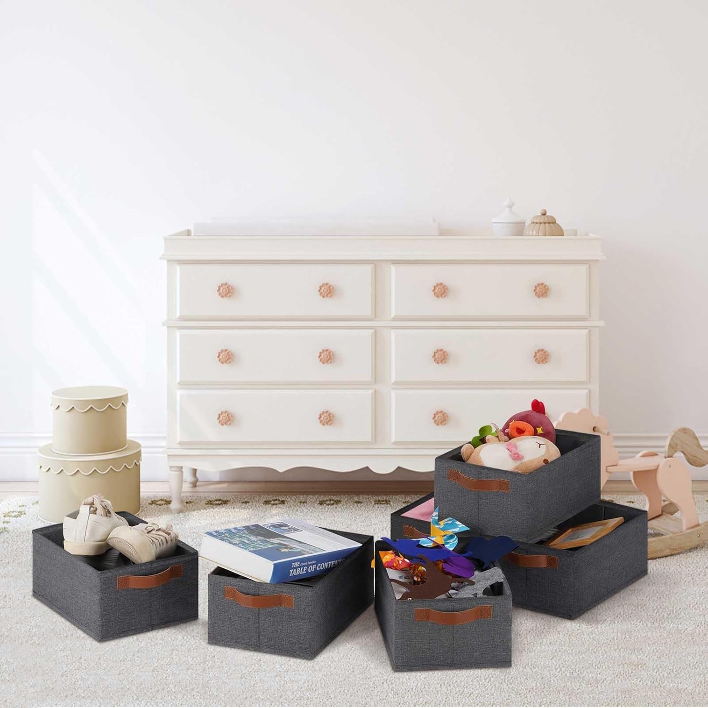 GhvyenntteS Small Fabric Storage Bins 6 Pack, 11.8" x 7.87" x 5.11" Storage Basket with Leather Handles, Closet Storage Bins for Shelves, Storage Baskets for Shelves, DVD Storage (Grey)