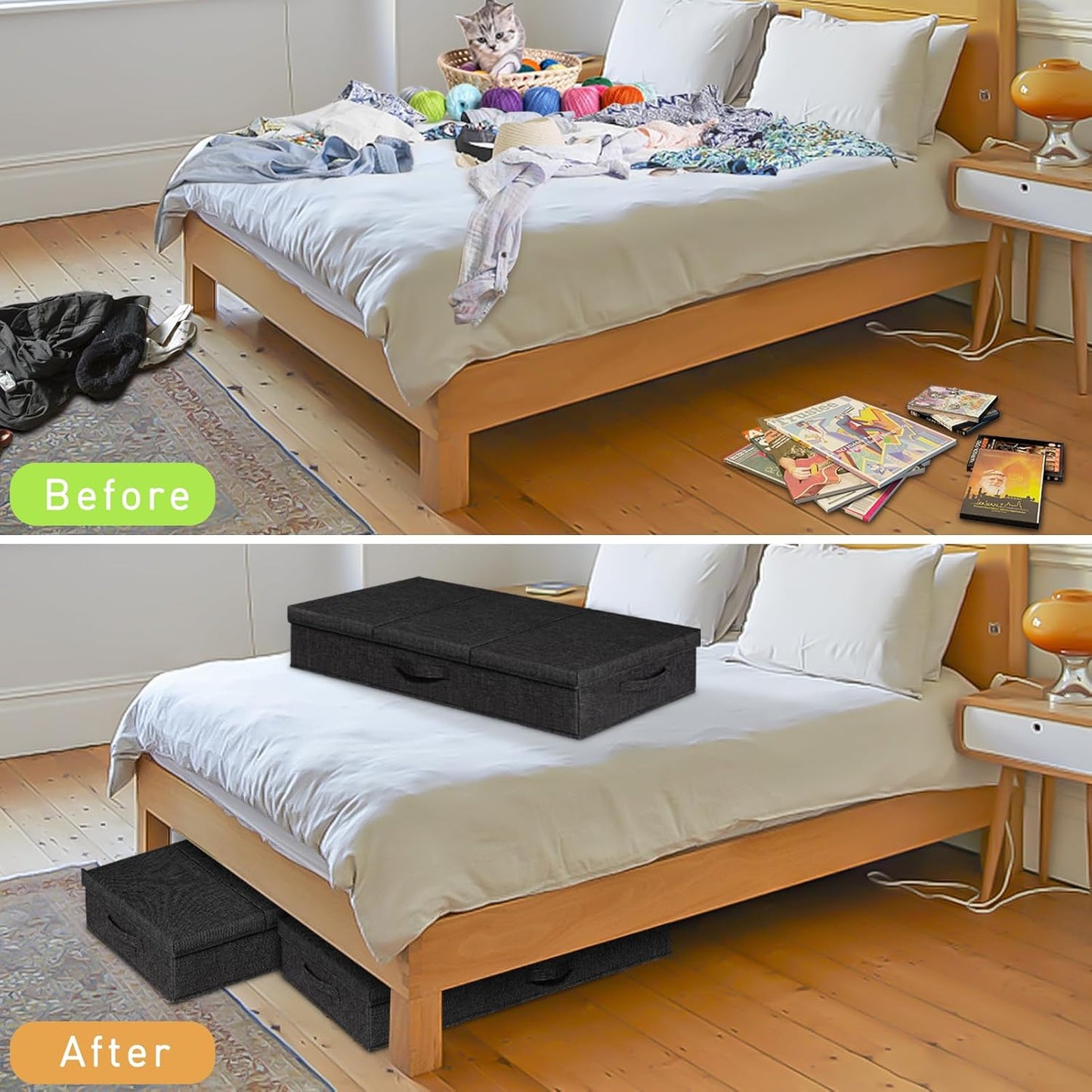 punemi Under The Bed Storage Containers 3 Pack, 6 Inch Tall Stackable Underbed Storage Bins With Handles, Closet Organizers and Storage Bins, Large Under Clothes Drawer Organizers Box For Crib, Black