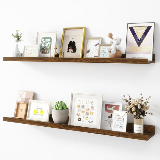 Picture Ledge Shelf, Wood Floating Shelves Set of 2, 36 inch Picture Ledge Shelves, Photo Ledge Nursery Book Shelves Wall Mounted for Living Room Kids' Room Bedroom, Color Walnut
