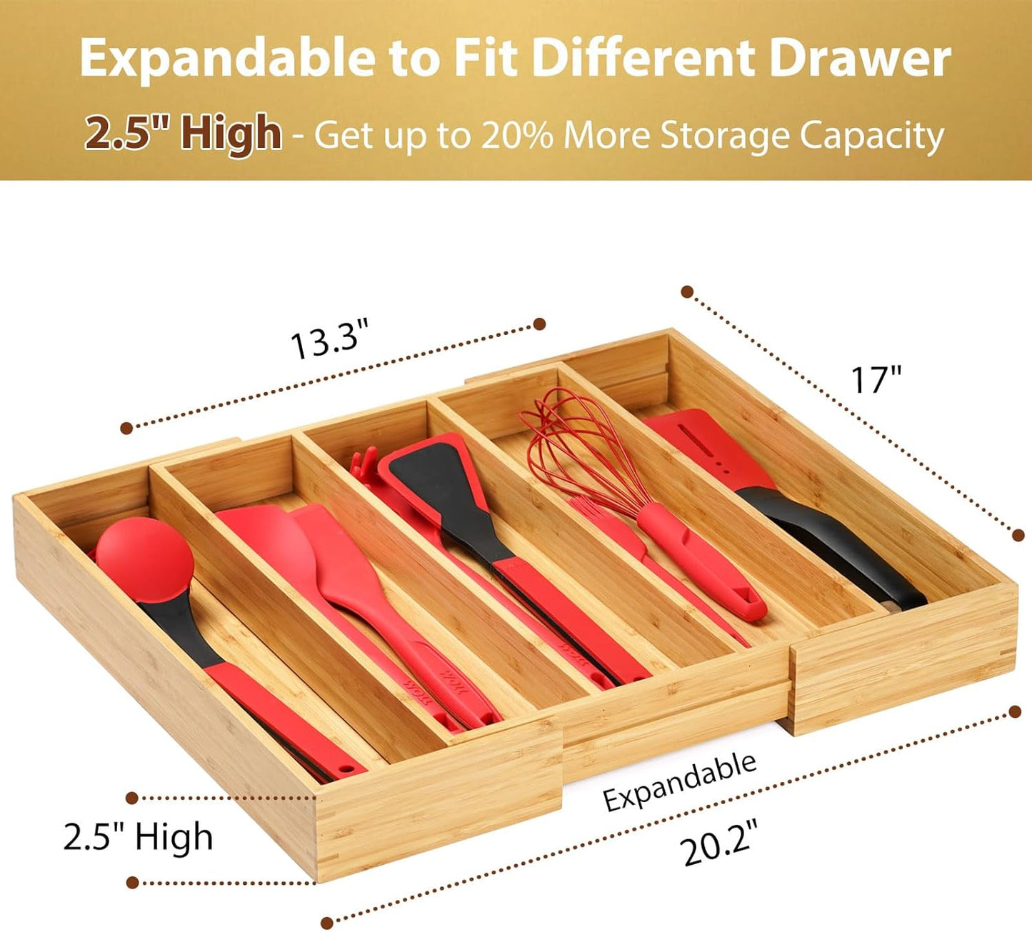 Umilife Expandable Kitchen Drawer Organizer, 2.5" High Bamboo Utensils Silverware Tray, Adjustable Large Deep Wood Organization Holder