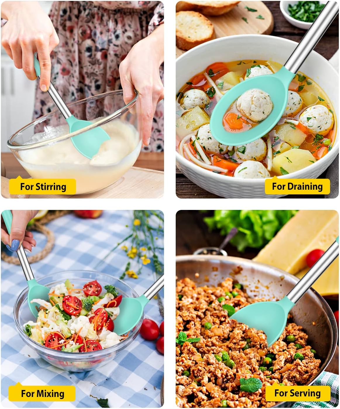 Pack of 2 Large Silicone Cooking Spoons,Non Stick Solid Basting Spoon,Heat-Resistant Kitchen Utensils for Mixing,Serving,Draining,Stirring (GREEN)