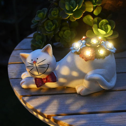 Cat Garden Figurines Outdoor Decor Solar Statue with Succulent and LED Lights for Patio Lawn Yard Art Decoration Housewarming Garden Gift