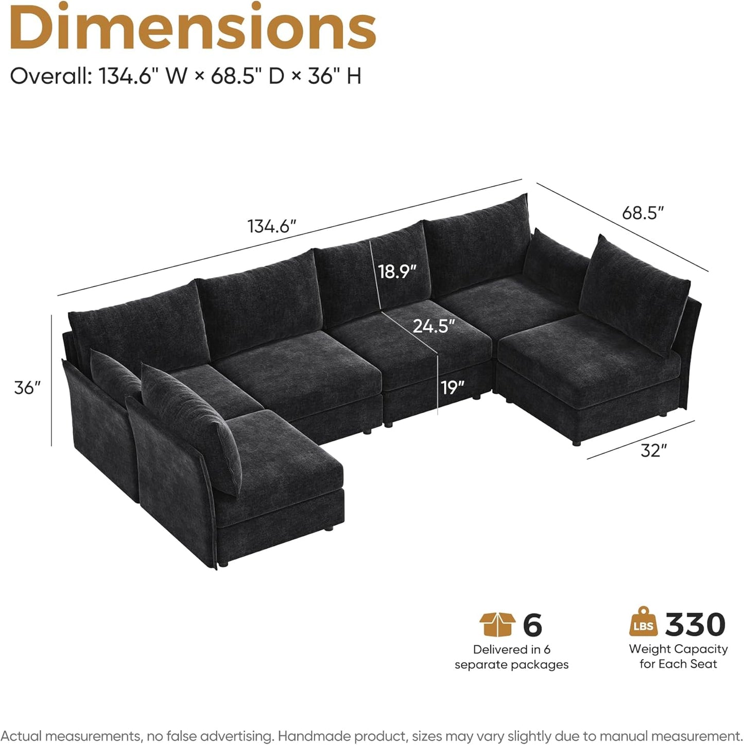 134.6" Oversized Modular Sectional Sofa, Large 6 Seater U Shaped Couch Deep Seat for Living Room, Apartment - Chenille Black