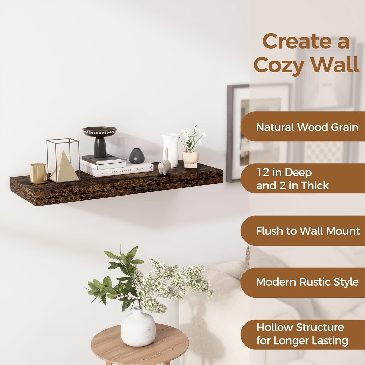 Floating Shelves 30 Inch Long, 12 Inch Deep Floating Shelf for Books, Rustic Wood 30 x 12 Storage Shelves for Wall Storage & Display, Thicked Wall Shelf for Kitchen, Living Room, Rustic Brown, 1 Pack