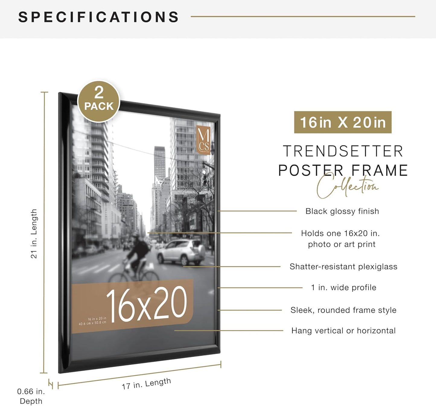 MCS Trendsetter 16x20 Poster Frame Black High-Gloss, Vertical & Horizontal Wall Hanging Large Picture Frame for Photos, Posters & Art Prints (2-Pack)