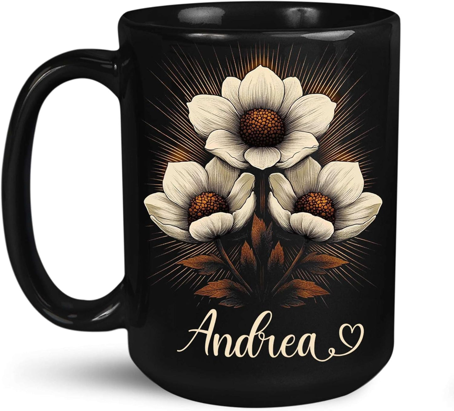 Personalized Nature Inspired Coffee Mug, Custom Name Black Cup 11oz or 15oz, Elegant Flower Ceramic Mug for Gardeners, Custom Floral Themed Coffee Cup, Gifts for Flower Lovers