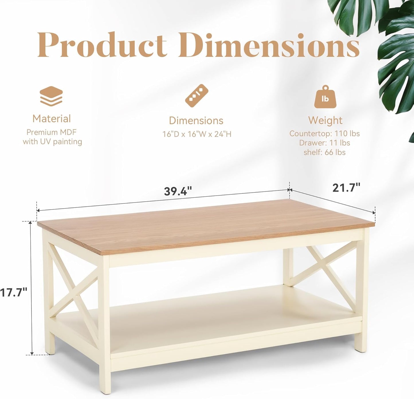 ALPHA HOME Coffee Table with Storage, Farmhouse Coffee Tables for Living Room 2-Tier Modern Coffee Table, Ivory