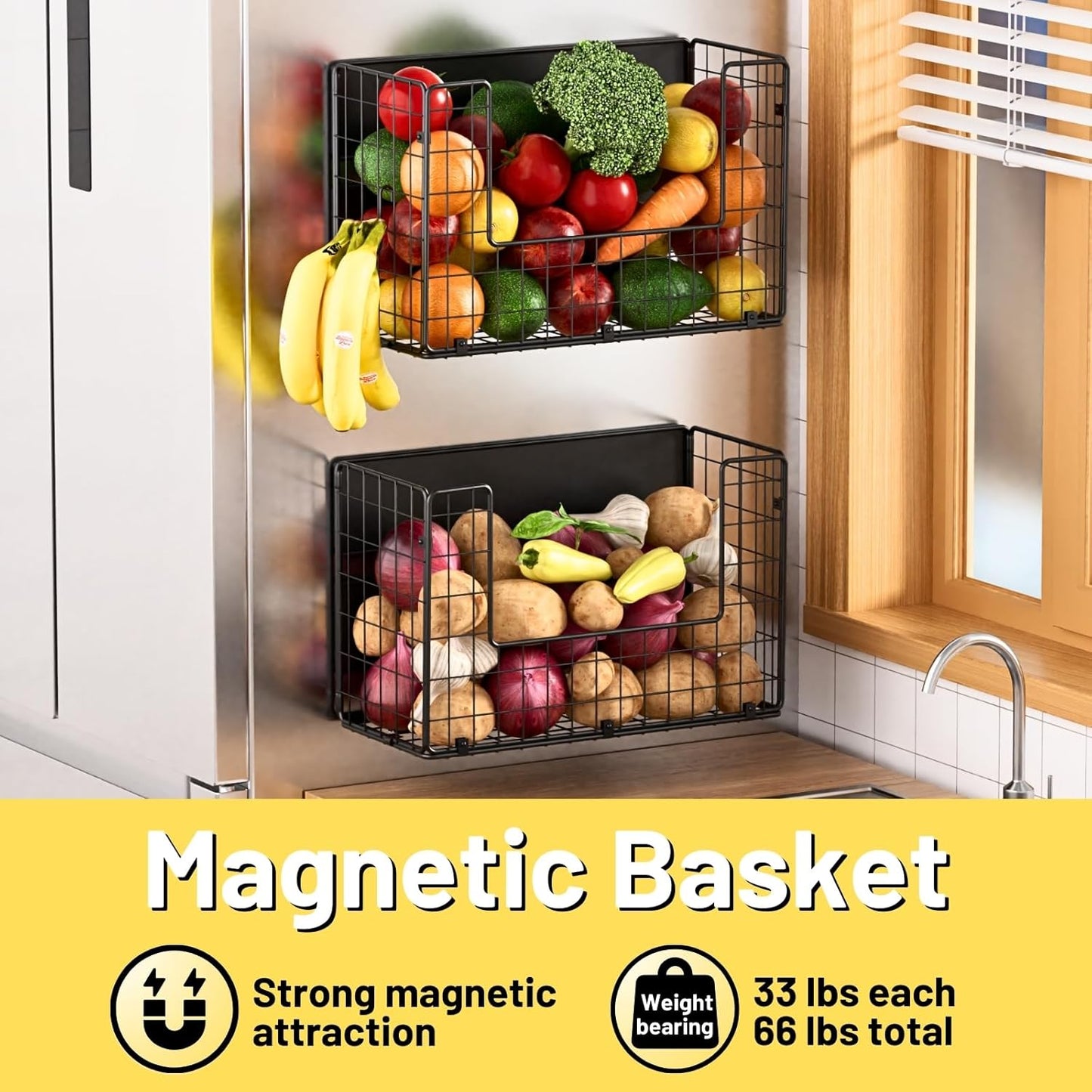2 Set Magnetic Shelf for Fridge, Fruit Potato & Onion Storage Bins, Pantry Organizers & Storage, Large Container Magnetic Basket for Refrigerator, Kitchen Counter, Cabinet, Magnetic Fridge Organizer