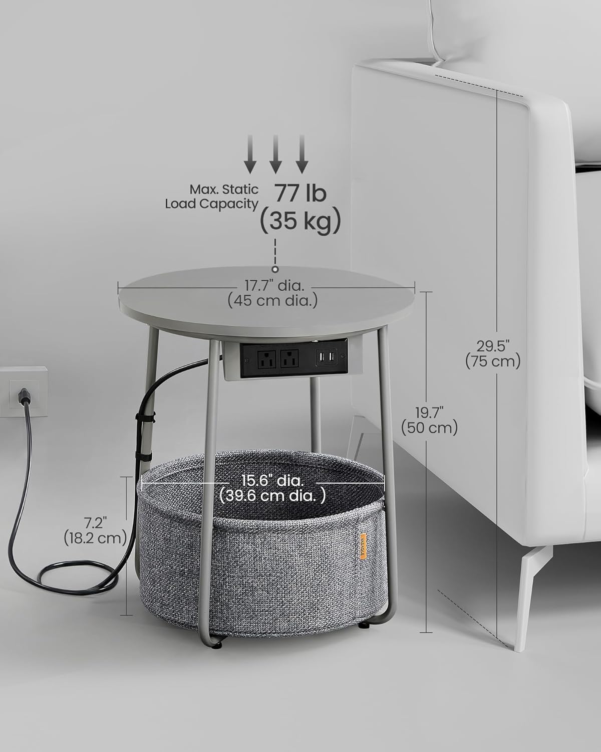 VASAGLE Side Table with Charging Station, Round End Table with Fabric Basket, Nightstand with Power Outlets, USB Ports, for Living Room, Bedroom, Modern, Dove Gray and Slate Gray ULET228G01