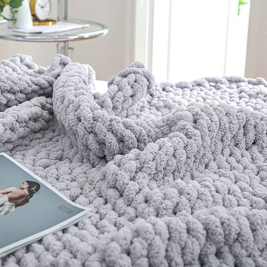 Bigacogo Chunky Knit Throw Blanket for Couch, 40x80 inches, 100% Hand Knitted with Thick Jumbo Chenille Yarn, Cozy Soft Large Rope Knot Cable Crochet Blankets for Sofa Bed Living Room, Light Grey