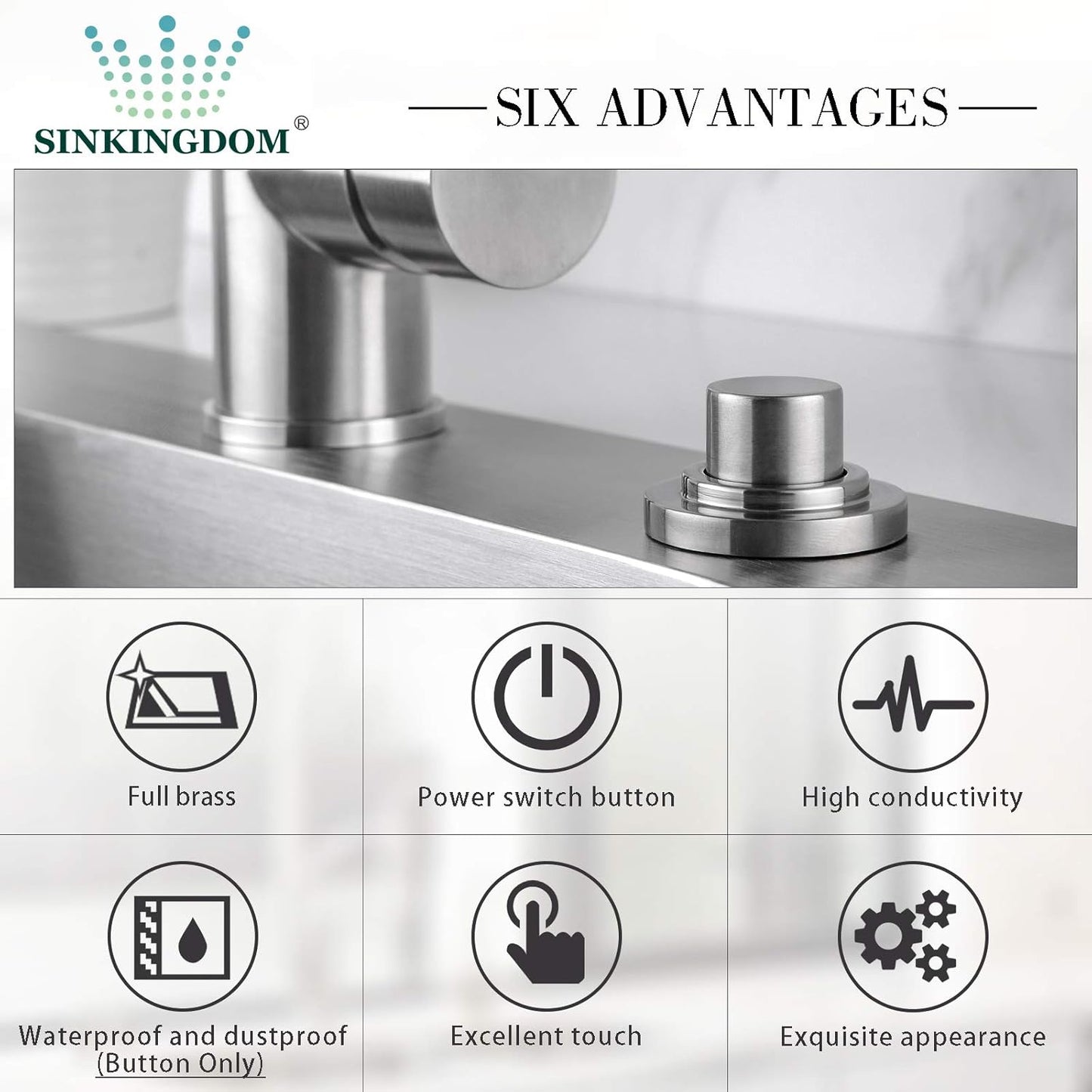 SinkTop Air Switch Kit (Long Full Brass Button) for Disposal, Dual Outlet, (Brushed Nickel)