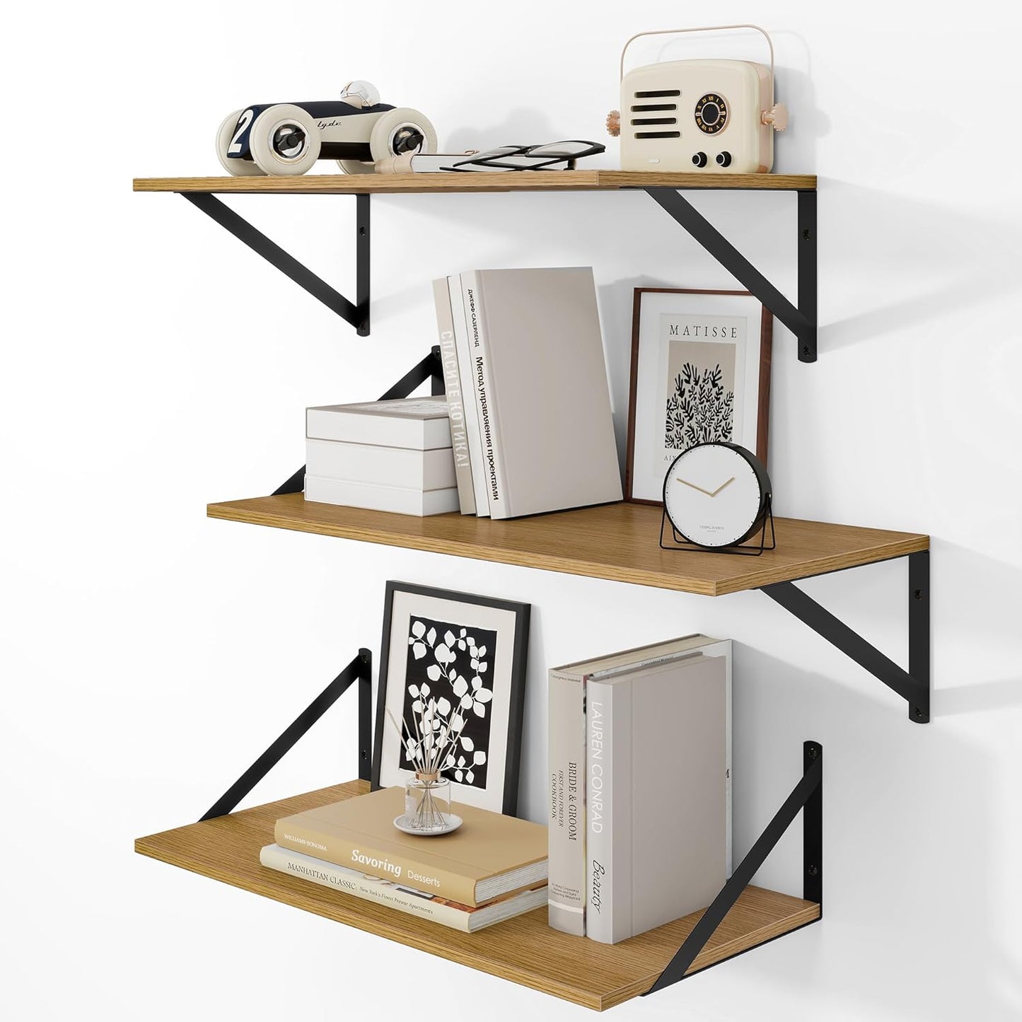 Heimlove 24" W x 12" D Wall Shelves for Books, 12 Inch Deep Floating Shelves Set of 3, Wide Floating Bookshelf with Metal Bracket for Living Room, Kitchen, Office, Bedroom and Decor Storage - Oak