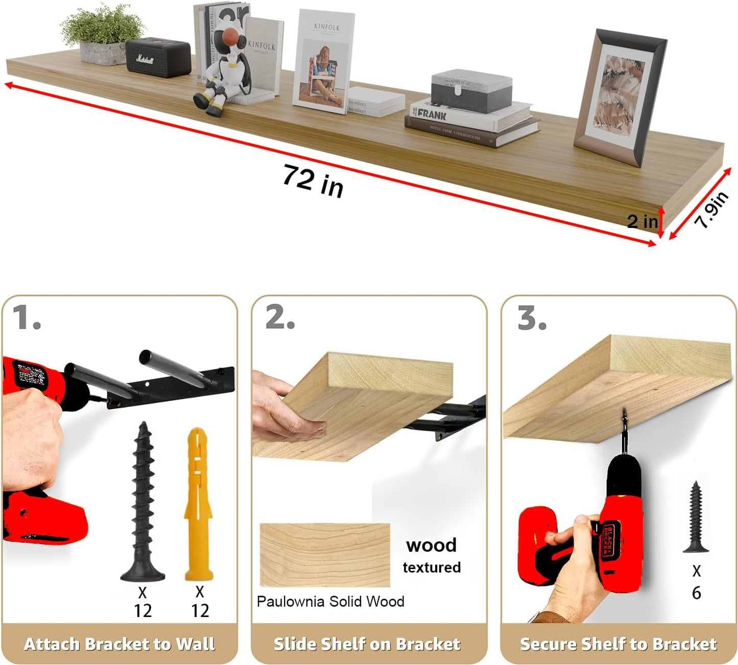 IAE Floating Wall Shelves 72 inch,Bathroom Shelves Wall Mounted,Invisible Shelves Floating Kitchen Shelves,Wooden Wall Shelves with Brackets for Living Room Wall Mounted,Easy Install,Set of 2,Natural