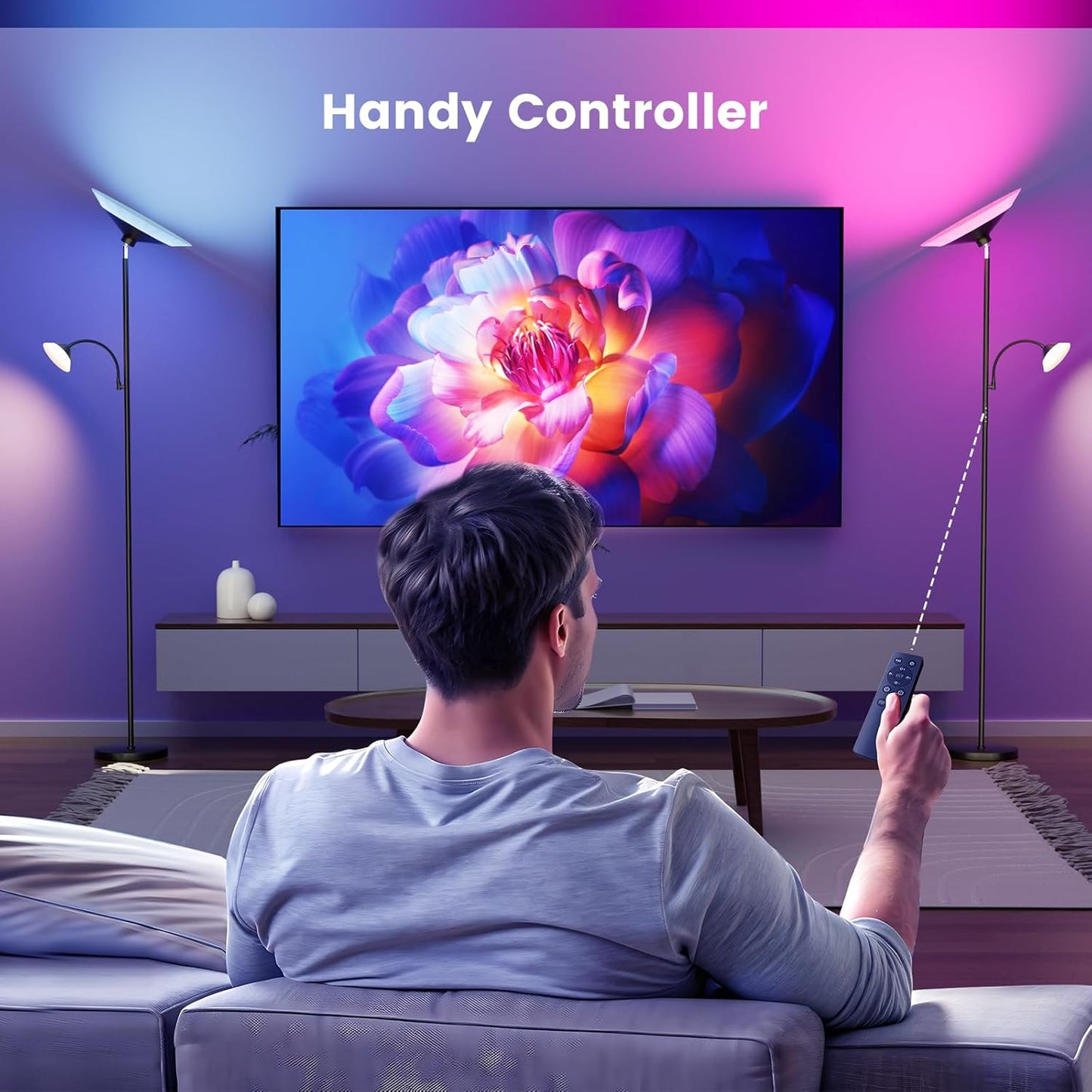 RGB Torchiere Floor Lamp - 2 Way Dimmable LED Standing Lamp with Remote&Button Control, 34W Rotatable Floor Reading Light, 72'' Tall Modern Corner Lamp for Living Room Bedroom Office, Black