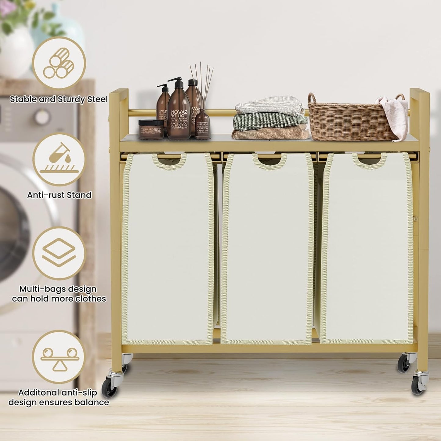 Laundry Hamper, Laundry Basket, Laundry Sorter with 3 Removable Bags, Clothes Basket with 3 Compartments, Wheels, Shelf for Laundry Room Bathroom Bedroom (3 Bags-Golden)