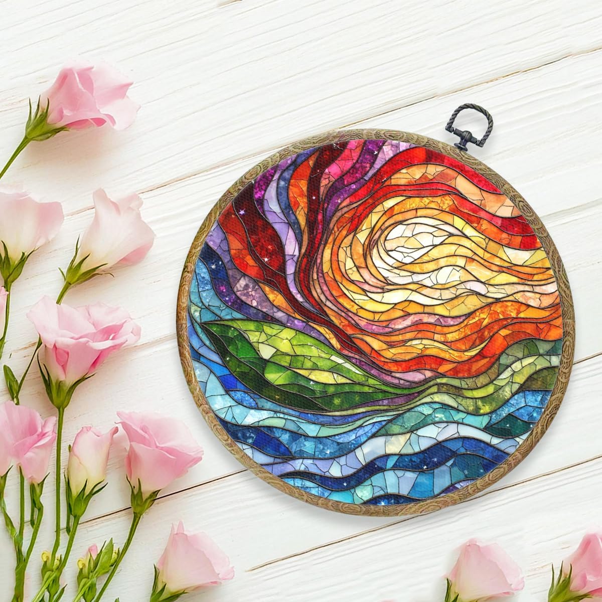 Colorful Boho Rainbow Geometric Spiral Sun Art Gift Framed Round Wall Decor Canvas Wall Art Hanging Prints Artwork for Home Office Bathroom Bedroom Living Room Decorations 10.2X10.2 Inch