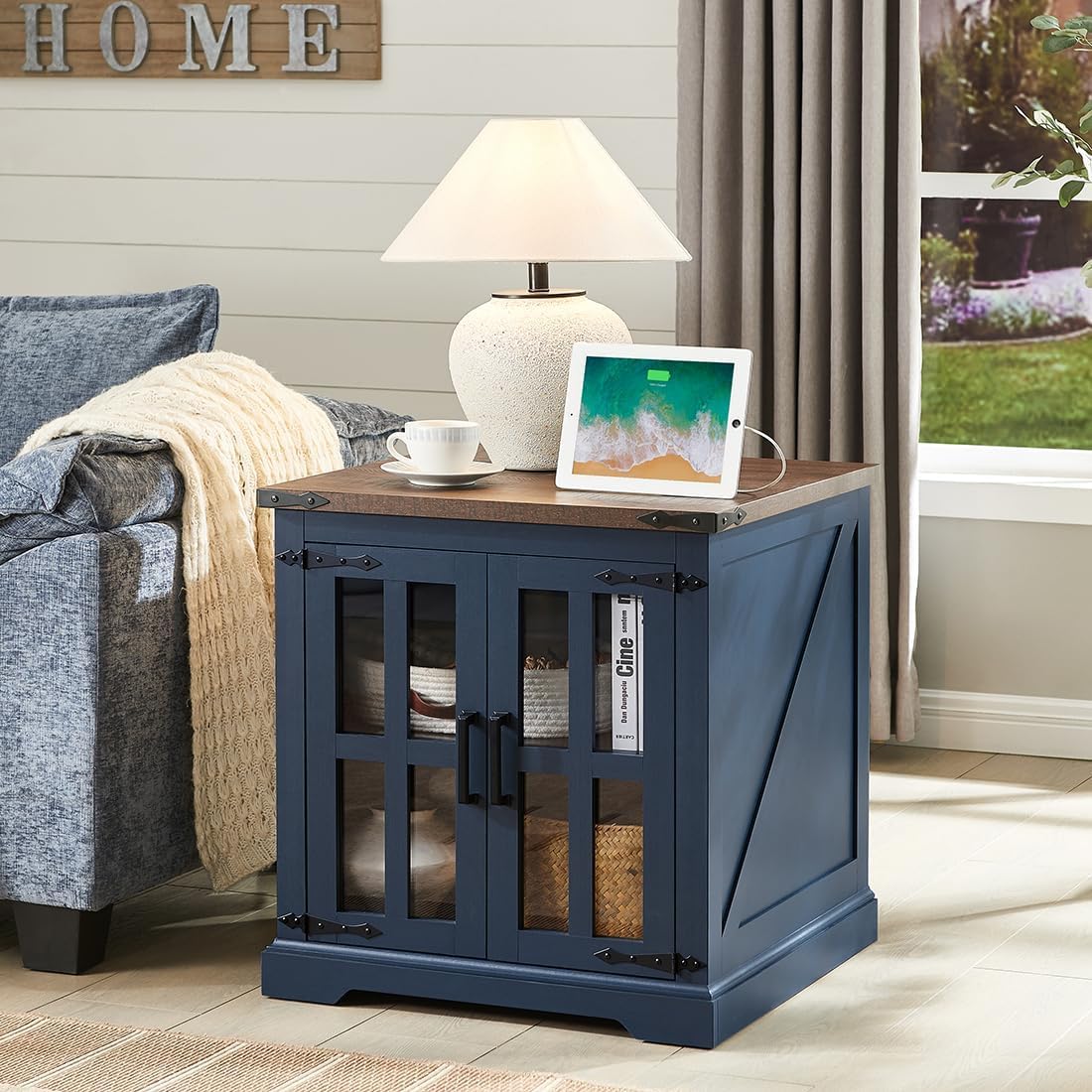 Farmhouse End Table with Charging Station,24" Large Sofa Side Table with Glass Barn Door, Rustic Wood Nightstand Bedside Table with Adjustable Storage Shelf for Living Room, Bedroom, Blue