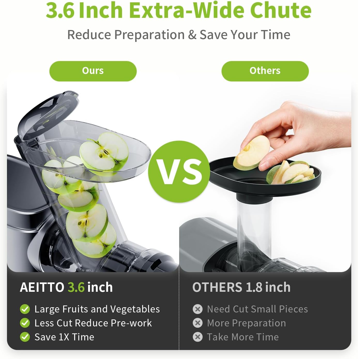 Aeitto Cold Press Juicer Machines, 3.6 Inch Wide Chute, Large Capacity, High Juice Yield, 2 Masticating Juicer Modes, Easy to Clean Slow Juicer for Vegetable and Fruit, Silver