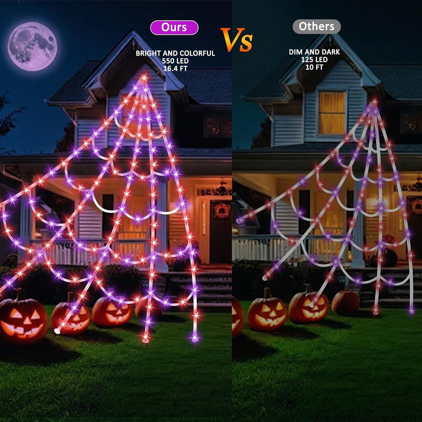 Halloween Spider Web Lights 550 LED Lighted Spider Web 16.4Ft Giant Halloween Decorations Light up with 8 Lighting Modes Waterproof & Timer for Indoor Outdoor House Haunted Yard Decor, Purple & Orange