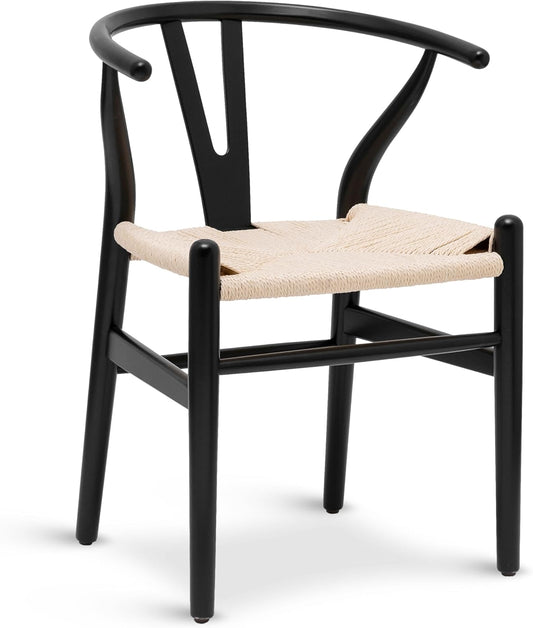 POLY & BARK Weave Dining Chair – Mid-Century Modern Wishbone Dining Chair with Arms, Solid Wood Frame, Indoor Use – Black – Single - Ideal for Dining Room, Kitchen or Stylish Accent Setting