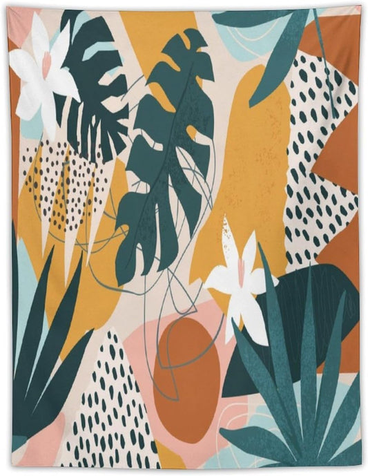 Abstract Bohemian Mid Century Tapestry, Tropical Leaves Modern Geometric Archway Minimalist Bohemian Botanical Aesthetic Wall Hanging, Sage Green Gold Home Decor Art for Bedroom 50x60 Inch