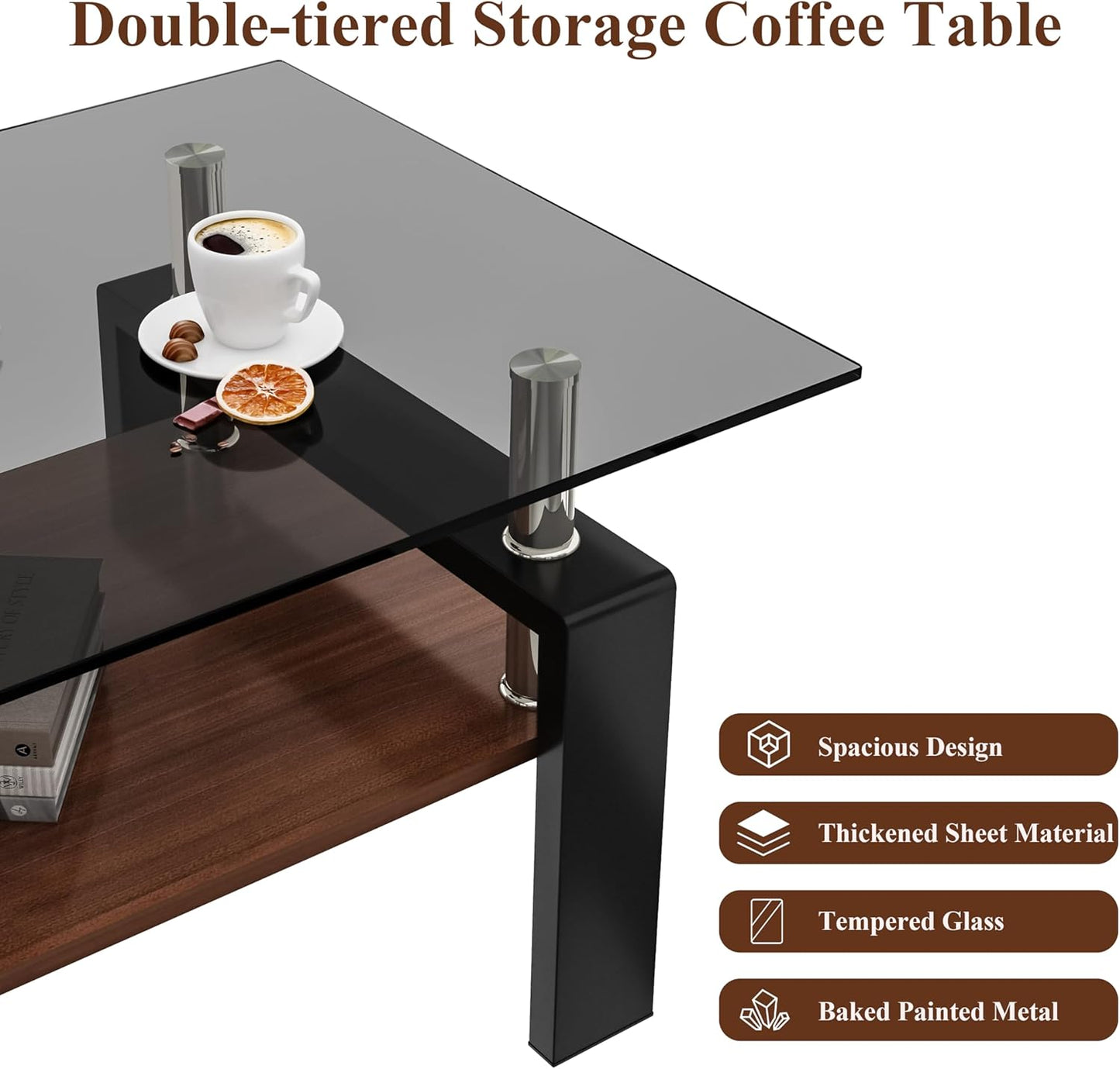 Glass Coffee Table Rectangle Living Room Center Table, with Gray Tempered Glass Tabletop and Brown MDF Layer,for Living Room and Office, Gray+Brown