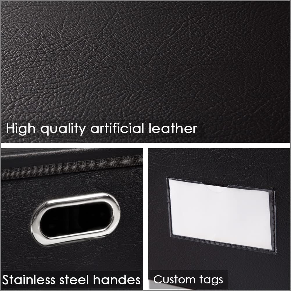 PRANDOM Extra Stackable Storage Bins with Lids [3-Pack] Leather Fabric Foldable Storage Boxes Organizer Containers Baskets Cube with Cover for Bedroom Closet Office Nursery Black (22.8x15.7x13.8)