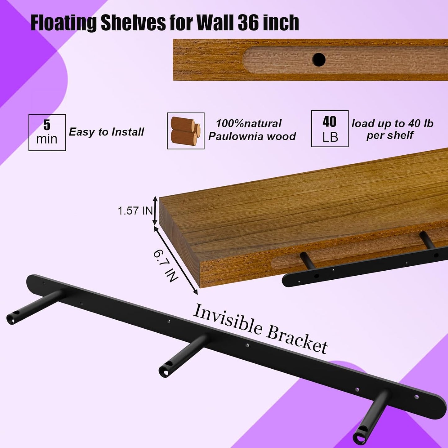 IAE Walnut Floating Wall Shelves 36 inch, Bathroom Shelves Wall Mounted,Invisible Shelves Floating Kitchen Shelves,Wooden Wall Shelves with Brackets for Living Room Wall Mounted,Easy Install,Set of 2