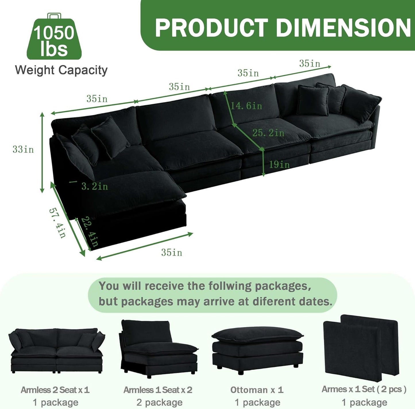 Sectional Sofa 4 Seater with Movable 1 Ottoman,Oversized Modular Couch Deep Seat (Black, 146.5 inch-L)
