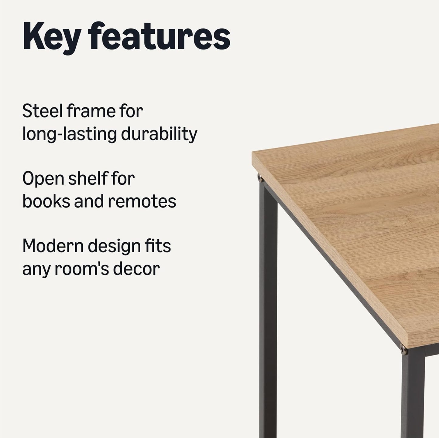 Amazon Basics - End Table with Bottom Shelf, Living Room Side Table, Steel Frame, Wooden Oak