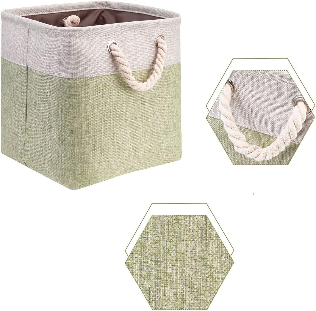 i BKGOO 3Pack Large Foldable Storage Bins，Collapsible Sturdy Cationic Fabric Organizing Storage Basket Cube with Cotton Handles for Home Office Shelf Clothes Toys Beige-Green 13×13×13 inch