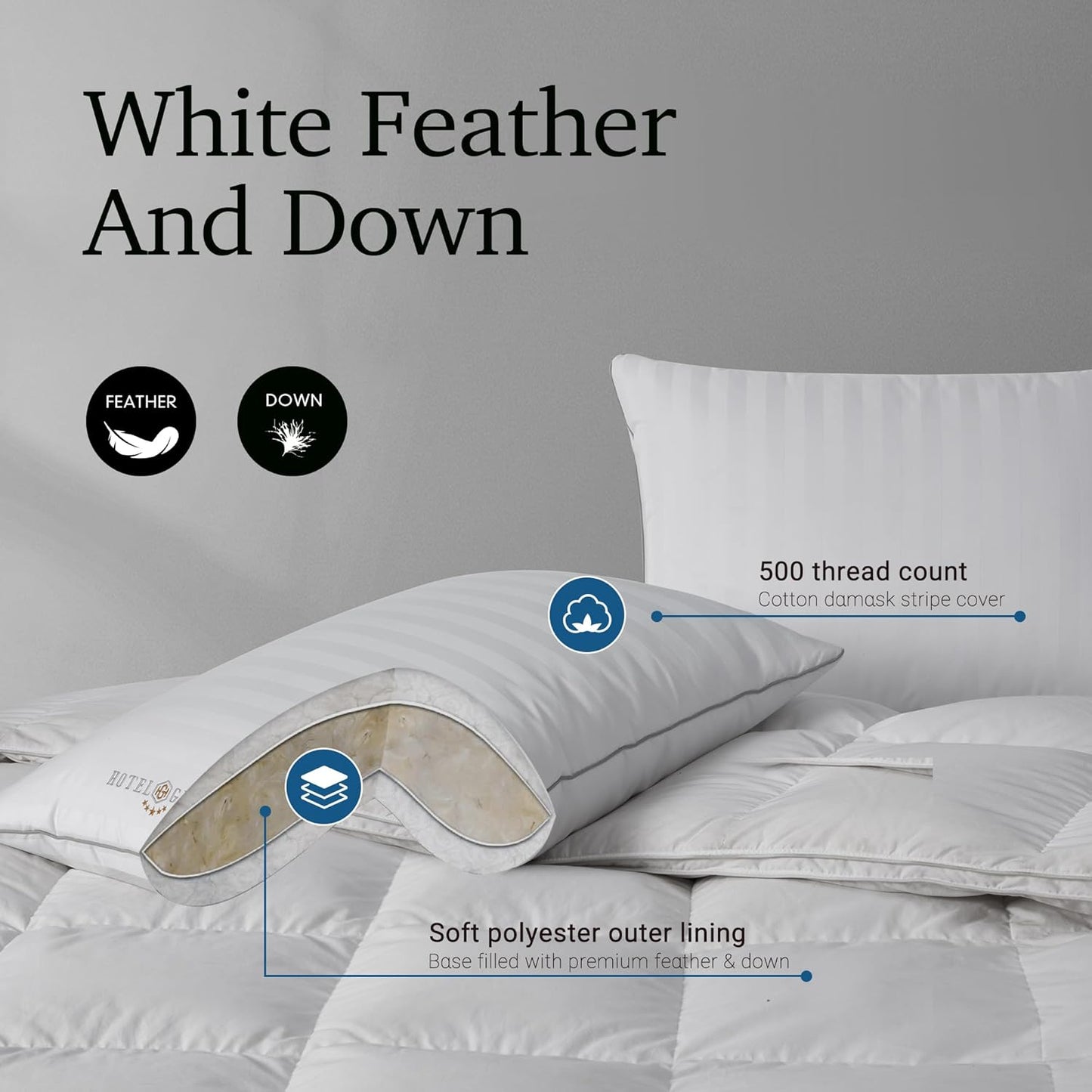 Hotel Grand Softy-Around Feather Down Pillows Standard Size Set of 2 Packs White Strip 100% Cotton Fabric Bed Pillows for All Position Sleepers,26"x20"/2 Packs