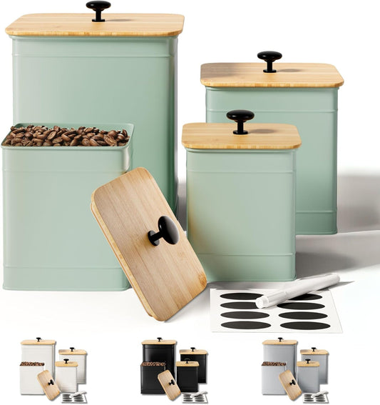 Kitchen Canisters for Countertop Set of 4 with Customizable Chalkboard Labels & Marker Pen - Big Iron Kitchen Canisters with Airtight Lids - Sage Green Canister Set - Flour and Sugar Containers