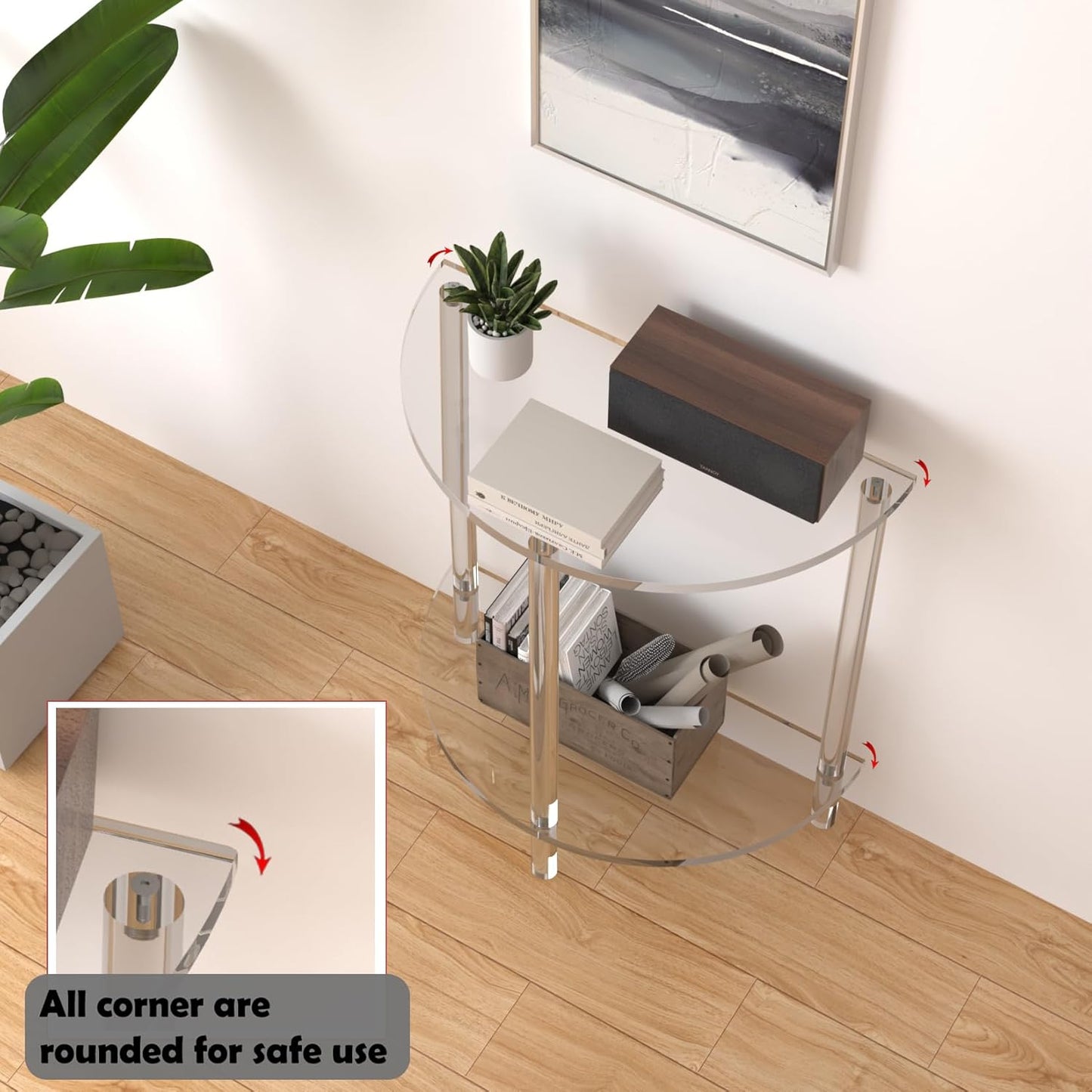 Acrylic Console Table 11.8" D x 23.6" W x 31.2" H, Half Round Console Table for Entryway, Sofa, Foyer, Hallway, Living Room, Modern, 2-Tier, Clear (Half-Moon Style