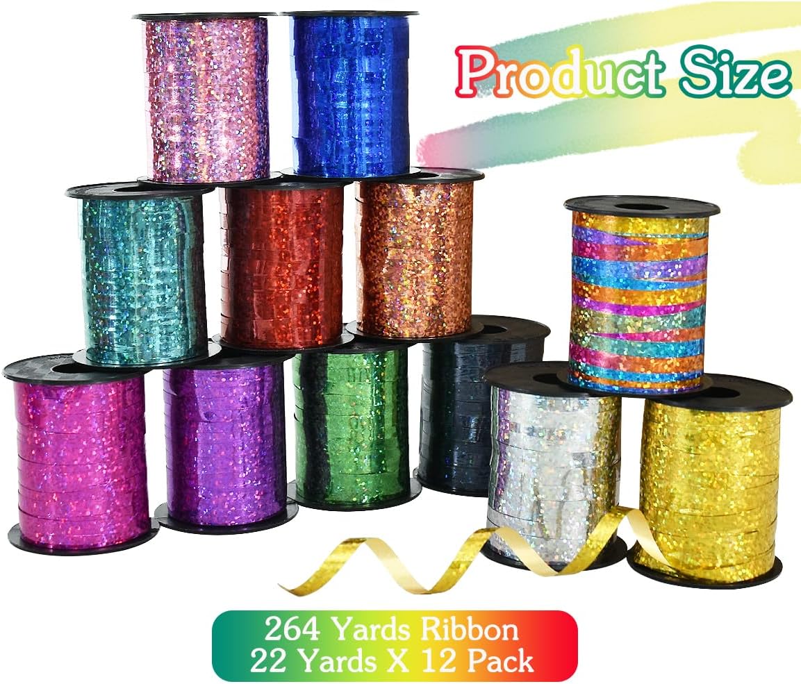 BEISHIDA 12 Assorted Colors Curling Ribbons Set,Rainbow Balloons Strings,1/5 ''Thin 264yds for Gift Wrapping Birthday Wedding Halloween Christmas Party Decoration (MIX-RIBBON-01)