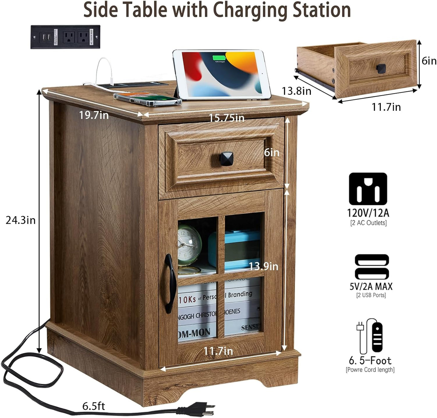 Farmhouse XXL End Table with Charging Station, Side Table with USB Ports and Outlets, Nightstand with Drawer and Glass Door Storage, Log Color Bedside Tables for Living Room, Bedroom, Office