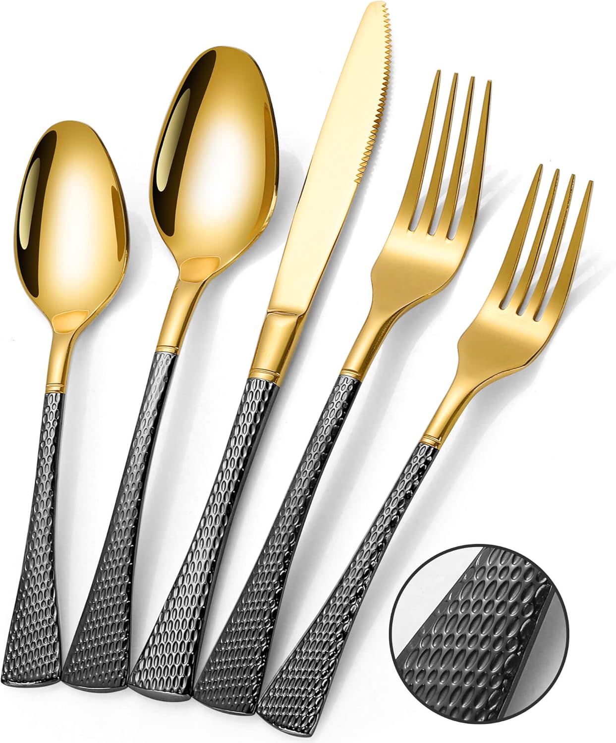 Hammered Black Gold Silverware Set,20 Piece Modern Flatware Set Service for 4,Mirror Polished Stainless Steel Cutlery Set Utensil Set Tableware Set,Kitchen Knives Fork Spoon Set,Dishwasher Safe