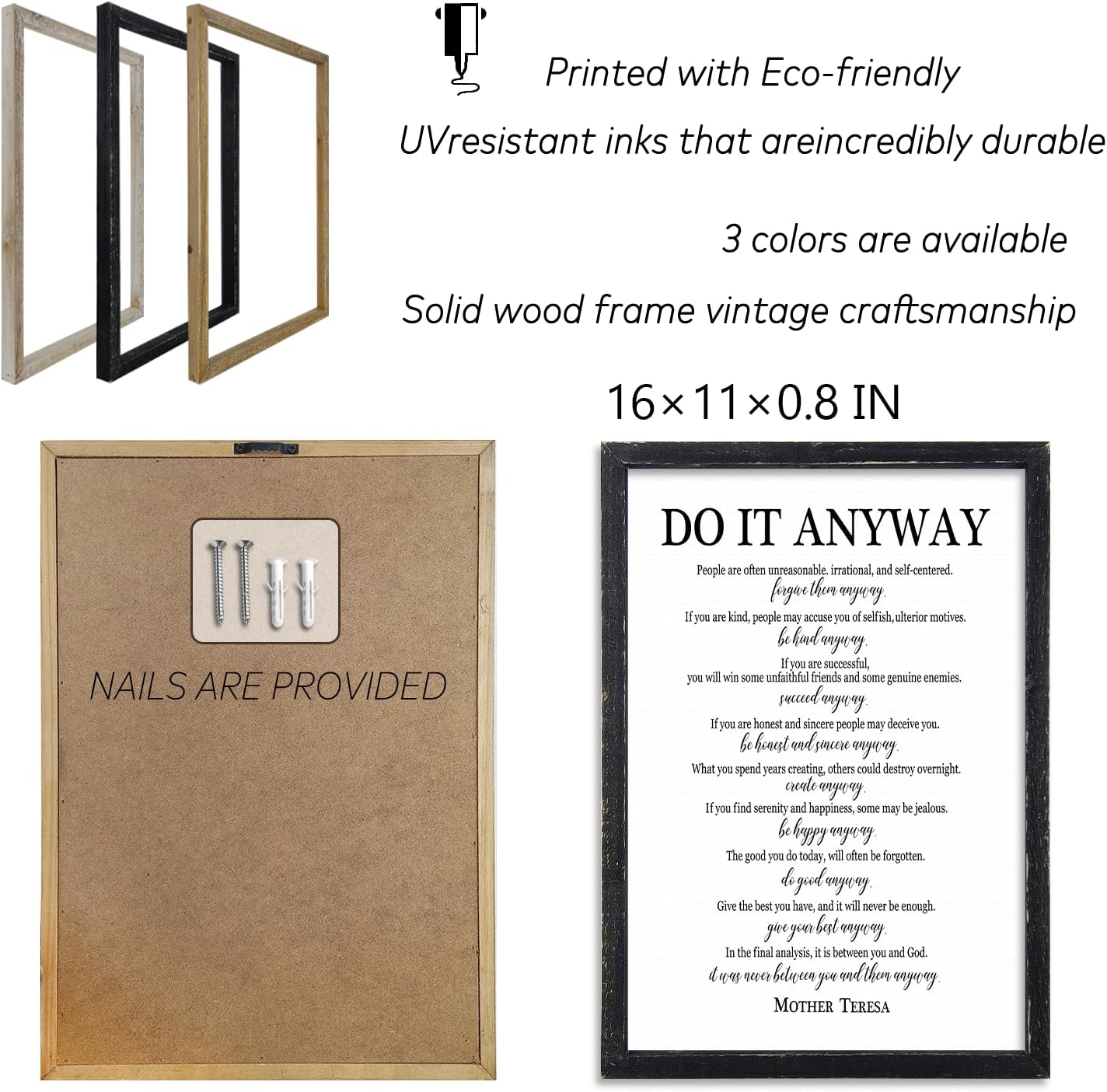 Do It Anyway Mother Teresa Wall Art Decor 16x11 Inch Wooden Framed Wall Hanging Sign (Black)