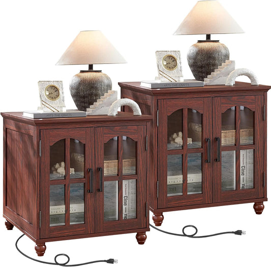 Farmhouse 24" End Table Set of 2 with Charging Station, Large Sofa Side Table with Glass Barn Door,Wood Night Stand with Adjustable Storage Shelf,Square Bedside Table for Living Room,Bedroom