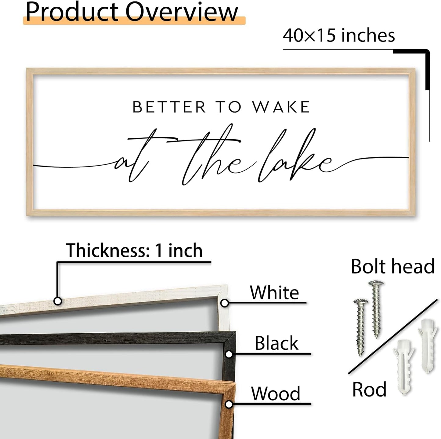 SRSZHIYUE Better To Wake At The Lake Wall Decor Above Bed Sign 40"×15" for Lake House Bedroom Over Bed Large Wood Framed Wall Hanging Art (Wood)