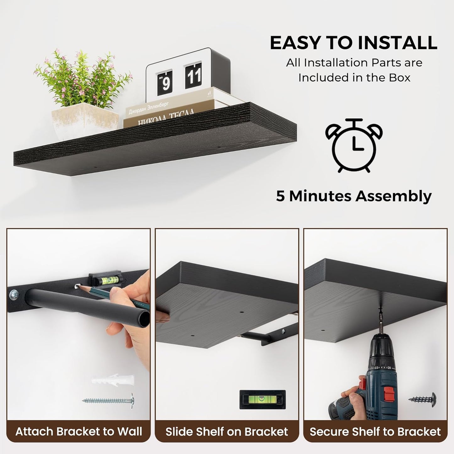 36 inch Floating Shelves Wall Shelves for Office with Invisible Brackets, 8 inch Deep Shelves for Bathroom, Living Room, Kitchen, Office, 36x7.9 inch deep Set of 2, Black