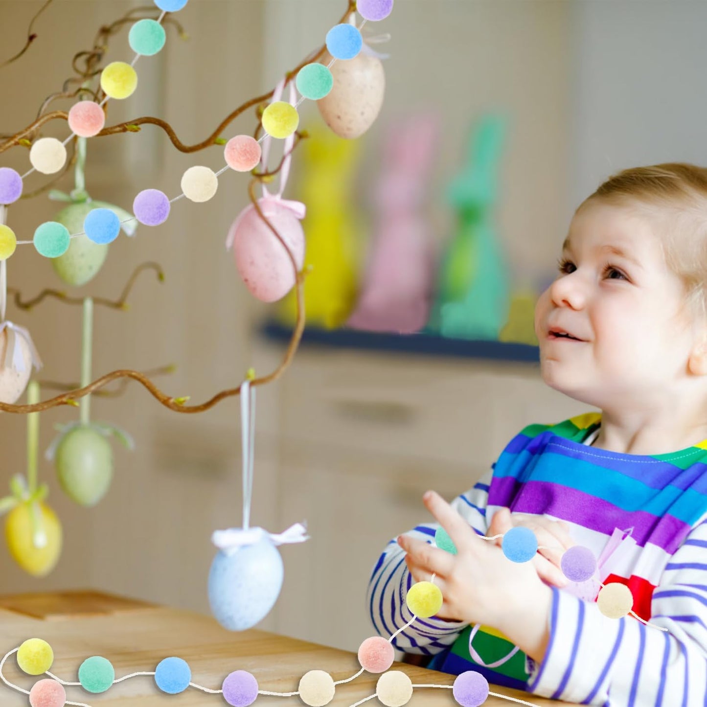 3pk Pastel Pom Pom Garland Easter Decorations Spring Home Decor Indoor Living Room Wall Classroom Xmas Tree, Cute Hanging Rainbow Colorful Felt Ball Garland Baby Shower Wedding Birthday Party Supplies